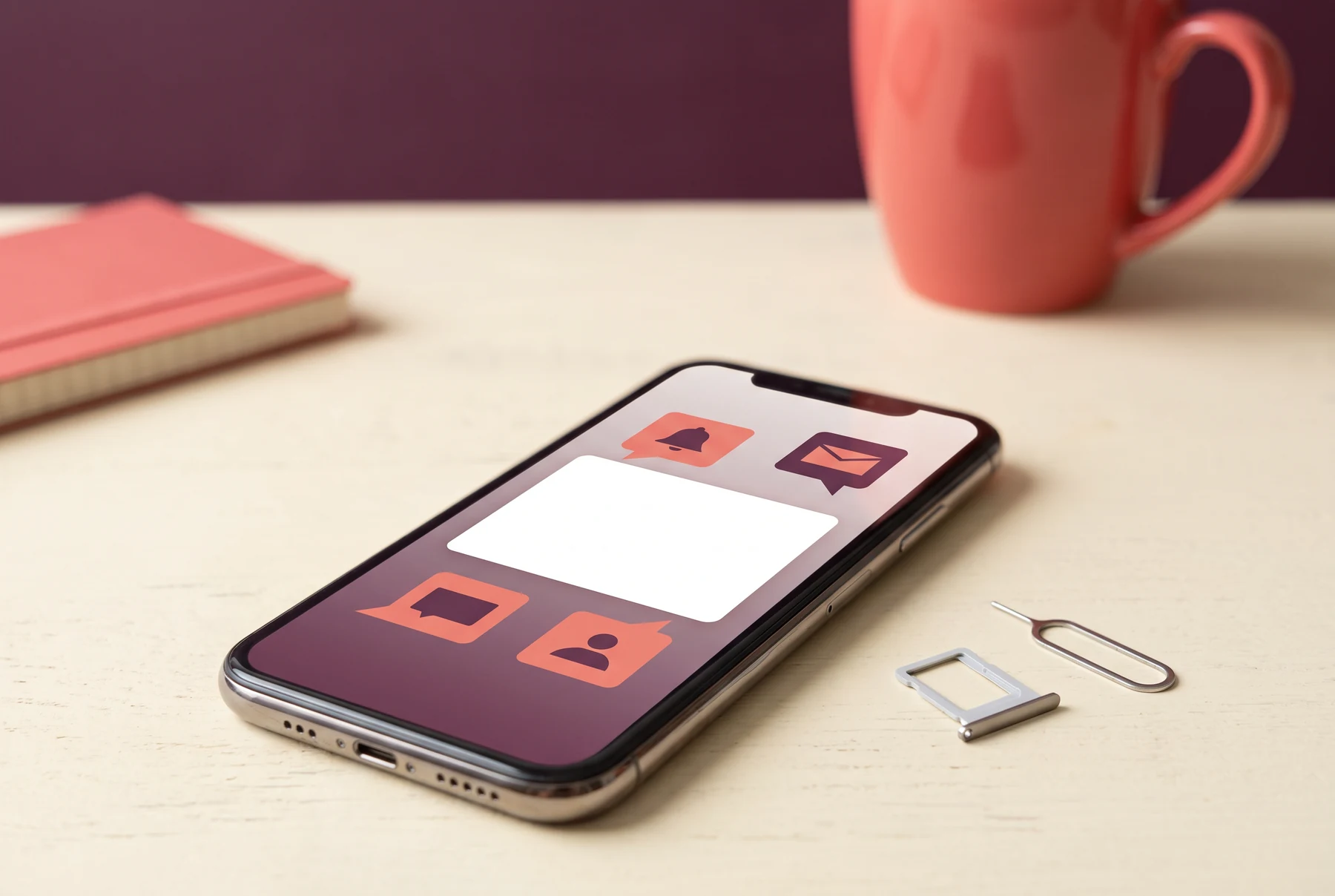 Phone with abstract account notification shapes and a SIM tray on a cream desk