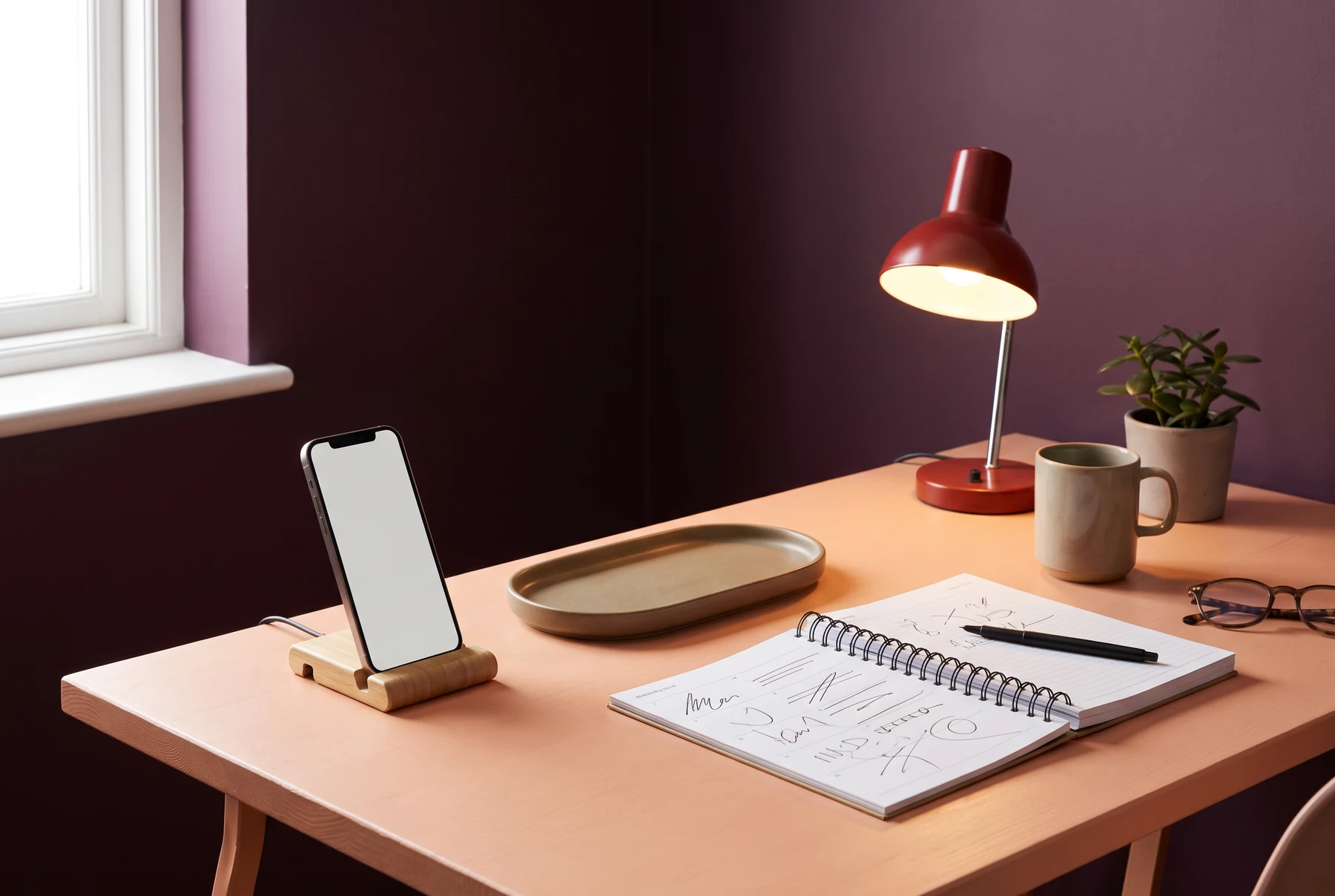 Calm phone workspace with a lamp and planner