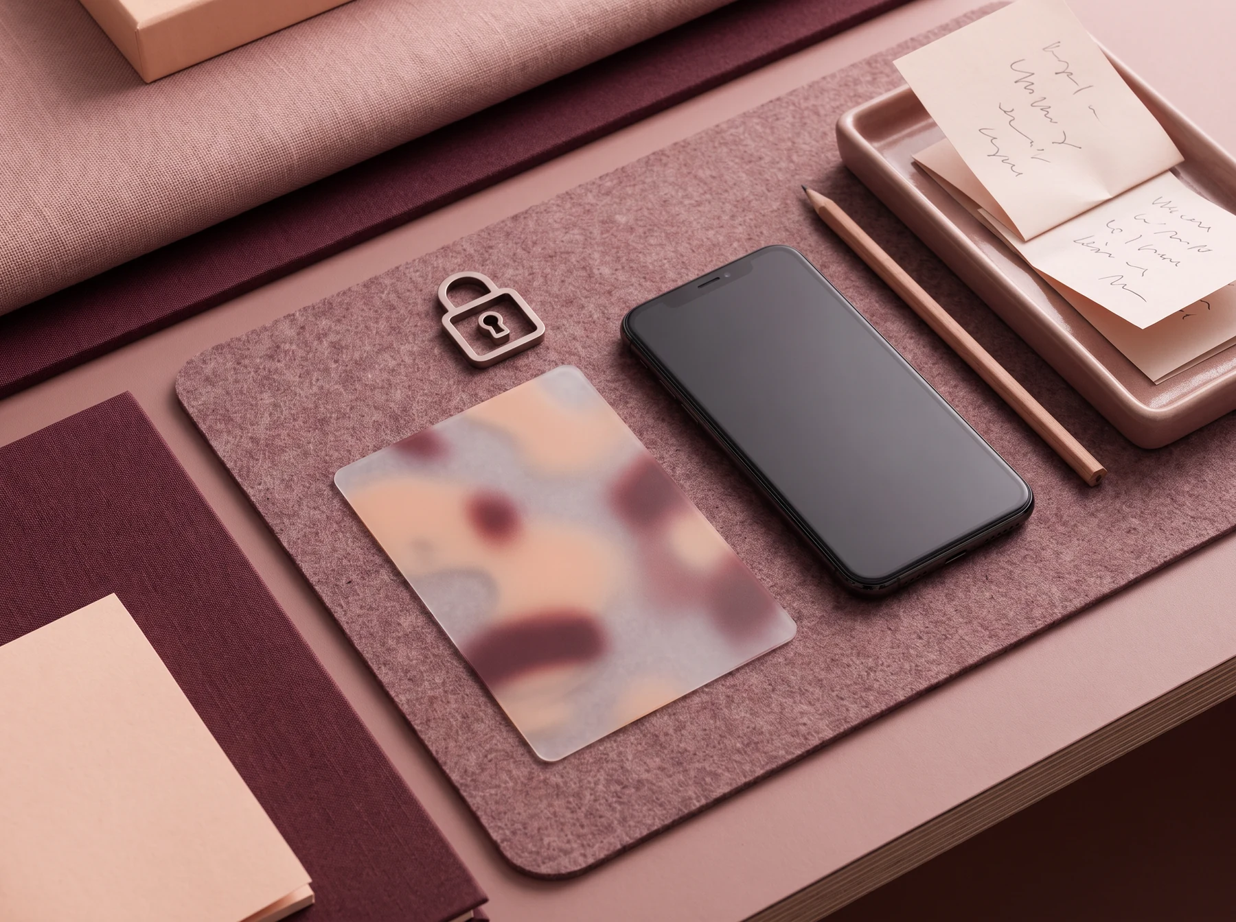 Phone, lock and blank privacy card on a work surface
