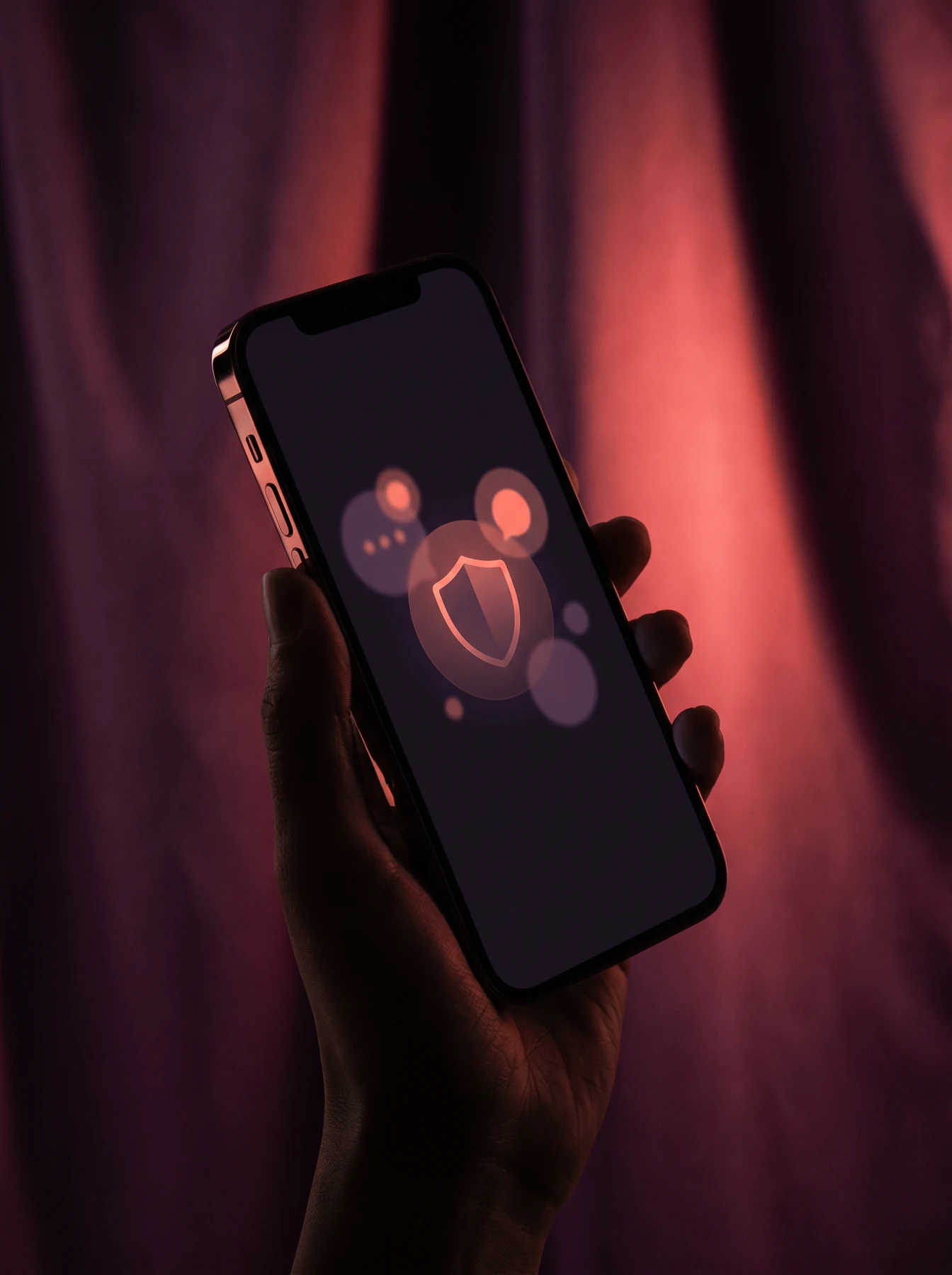 Phone displaying abstract security shapes in a plum setting
