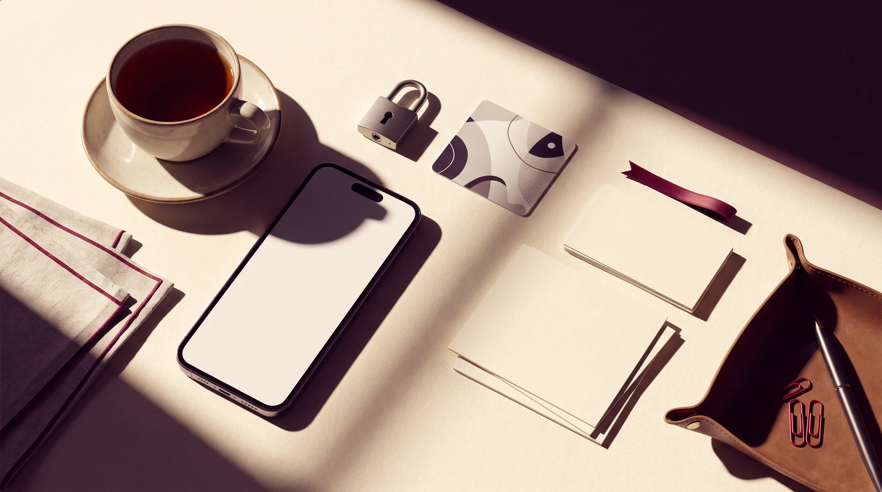 Account review desk with phone, lock and paper cards